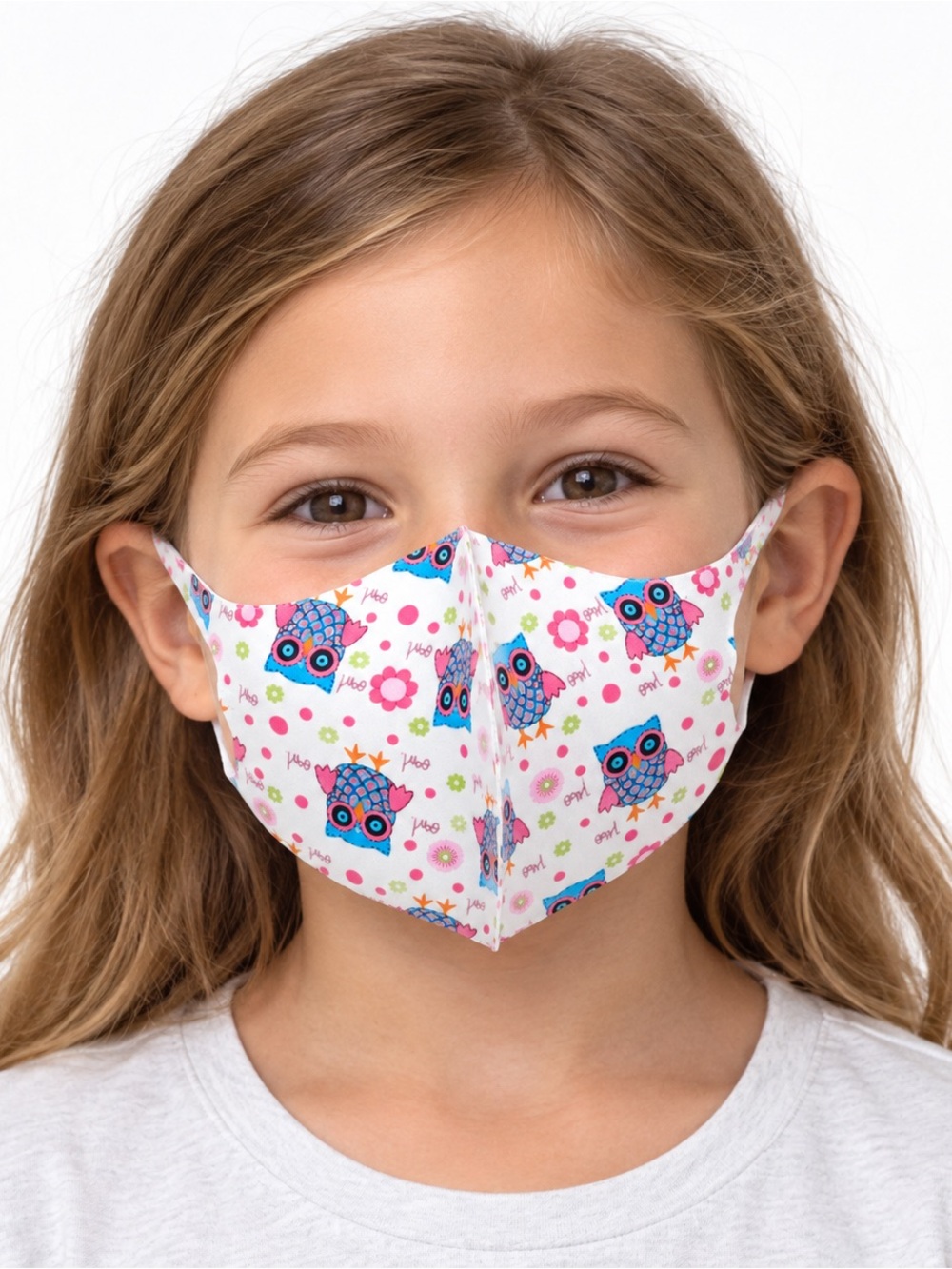 Kids White Owl Print Face Mask - Pink & Blue